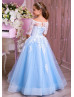 Off Shoulder White Lace Blue Tulle Pearls Embellished Flower Girl Dress